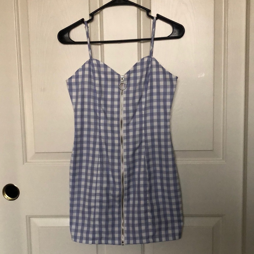 Forever 21 Light Blue Gingham Zip-Up Dress, Size Small